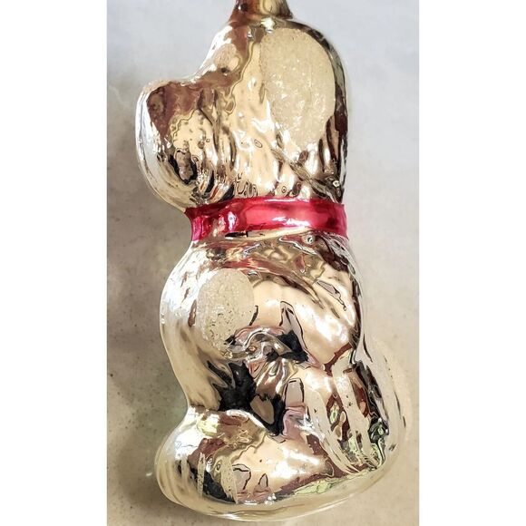 VTG Ornament German or Russian Silver Glass Dog w/ Pink Bow Snow Tufts Textured - Picture 7 of 12
